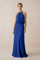 Halter Sheath Ruffled Chiffon Bridesmaid Dress in Royal Blue - KISS BRIDAL Bridesmaid Dresses