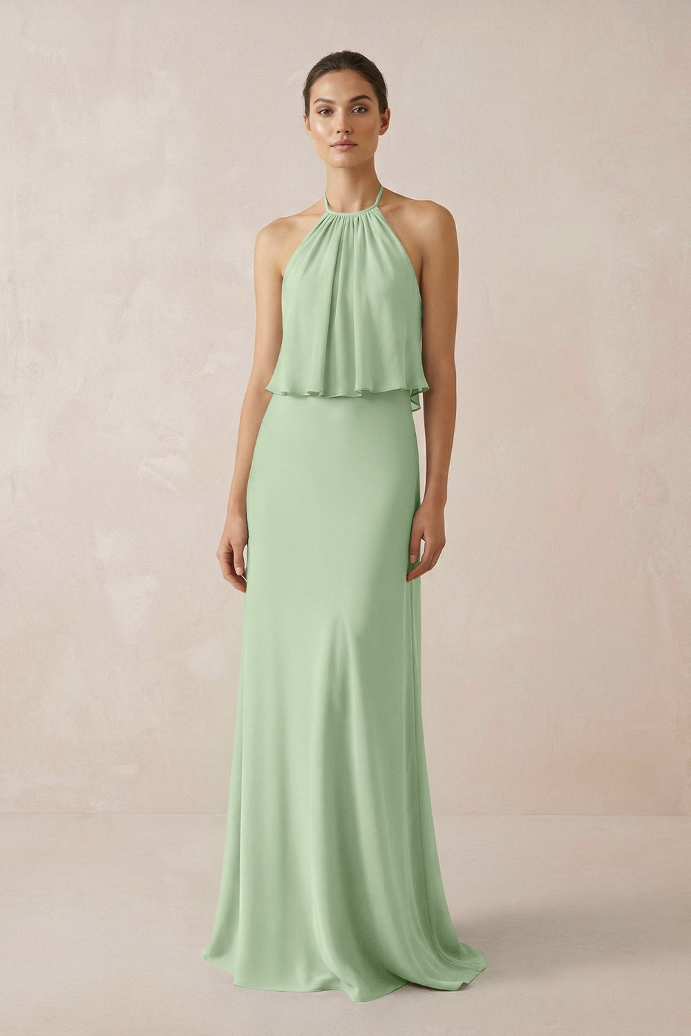Halter Sheath Ruffled Chiffon Bridesmaid Dress in Sage - SHE IS ME Bridesmaid Dresses