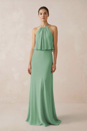 Halter Sheath Ruffled Chiffon Bridesmaid Dress in Sea Glass - SHE IS ME Bridesmaid Dresses