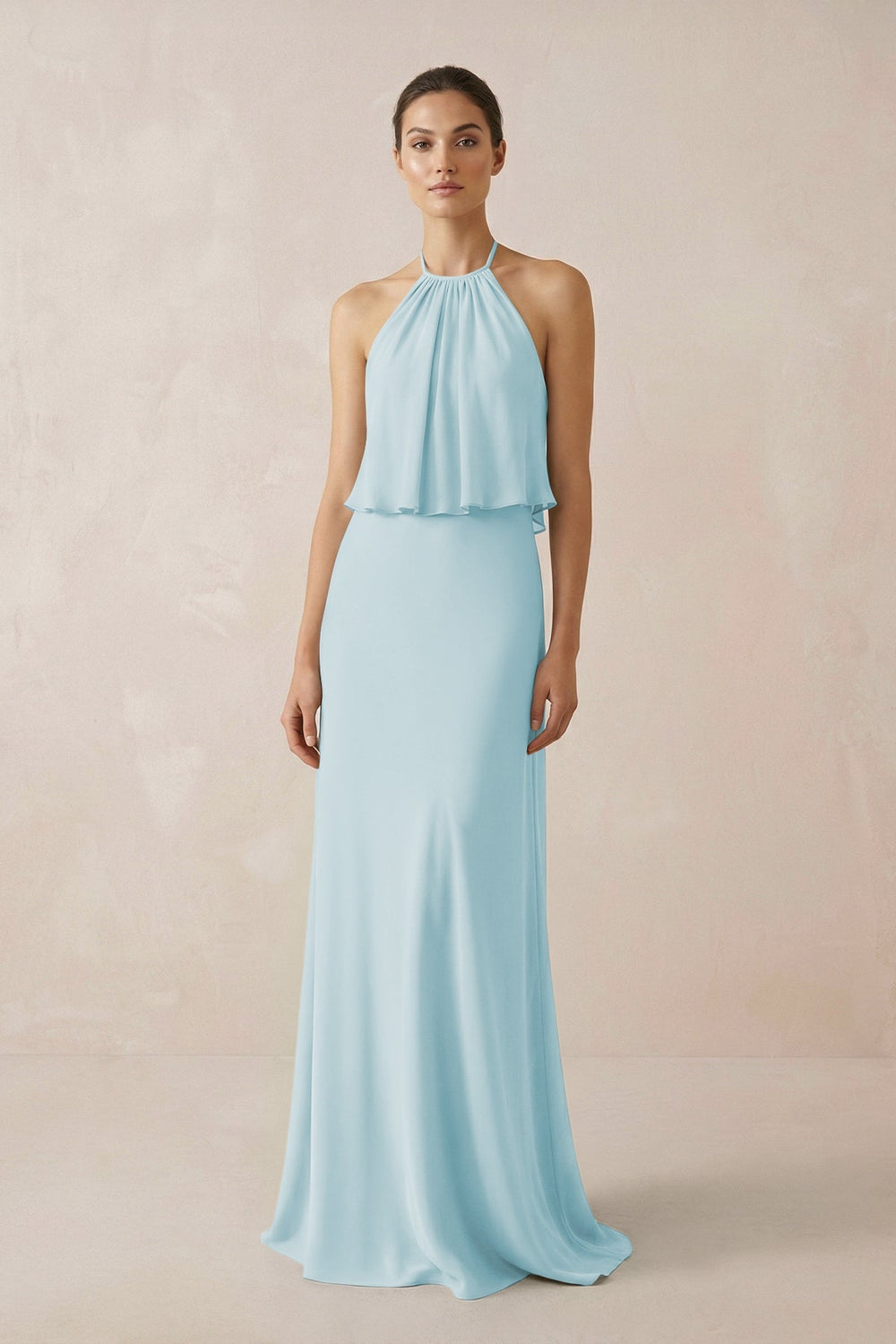 Halter Sheath Ruffled Chiffon Bridesmaid Dress in Sky Blue - SHE IS ME Bridesmaid Dresses