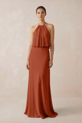 Halter Sheath Ruffled Chiffon Bridesmaid Dress in Spice - KISS BRIDAL Bridesmaid Dresses