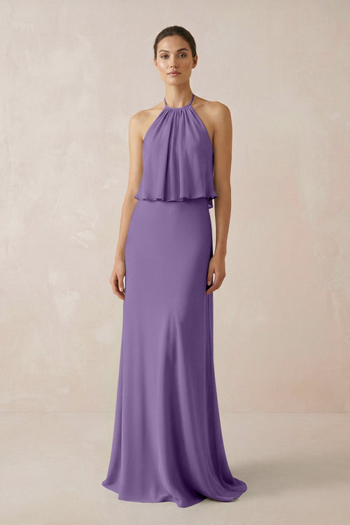 Halter Sheath Ruffled Chiffon Bridesmaid Dress in Tahiti - SHE IS ME Bridesmaid Dresses