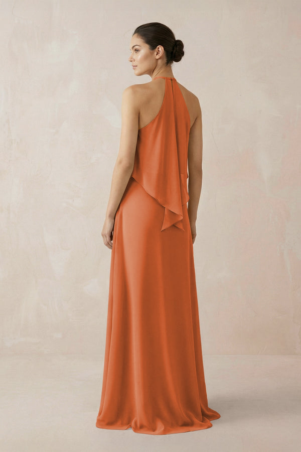 Halter Sheath Ruffled Chiffon Bridesmaid Dress in Terracotta - SHE IS ME Bridesmaid Dresses
