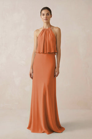 Halter Sheath Ruffled Chiffon Bridesmaid Dress in Terracotta - SHE IS ME Bridesmaid Dresses