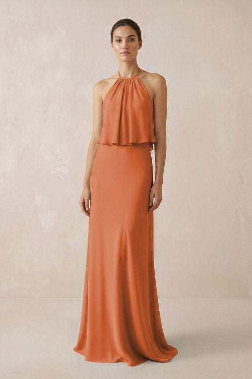 Halter Sheath Ruffled Chiffon Bridesmaid Dress in Terracotta - SHE IS ME Bridesmaid Dresses
