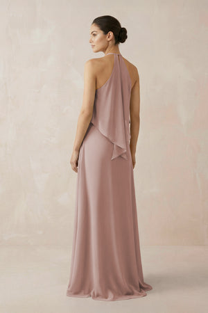 Halter Sheath Ruffled Chiffon Bridesmaid Dress in Toffee (2) | KISSBRIDAL