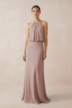 Halter Sheath Ruffled Chiffon Bridesmaid Dress in Toffee | KISSBRIDAL