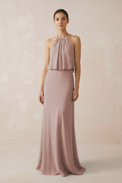 Halter Sheath Ruffled Chiffon Bridesmaid Dress in Toffee | KISSBRIDAL
