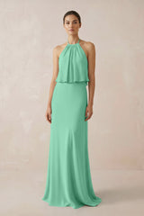 Halter Sheath Ruffled Chiffon Bridesmaid Dress in Turquoise - KISS BRIDAL Bridesmaid Dresses