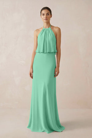 Halter Sheath Ruffled Chiffon Bridesmaid Dress in Turquoise - SHE IS ME Bridesmaid Dresses