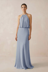 Halter Sheath Ruffled Chiffon Bridesmaid Dress in Twilight - KISS BRIDAL Bridesmaid Dresses