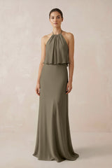 Halter Sheath Ruffled Chiffon Bridesmaid Dress in Willow Green - KISS BRIDAL Bridesmaid Dresses