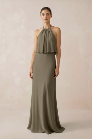 Halter Sheath Ruffled Chiffon Bridesmaid Dress in Willow Green - SHE IS ME Bridesmaid Dresses