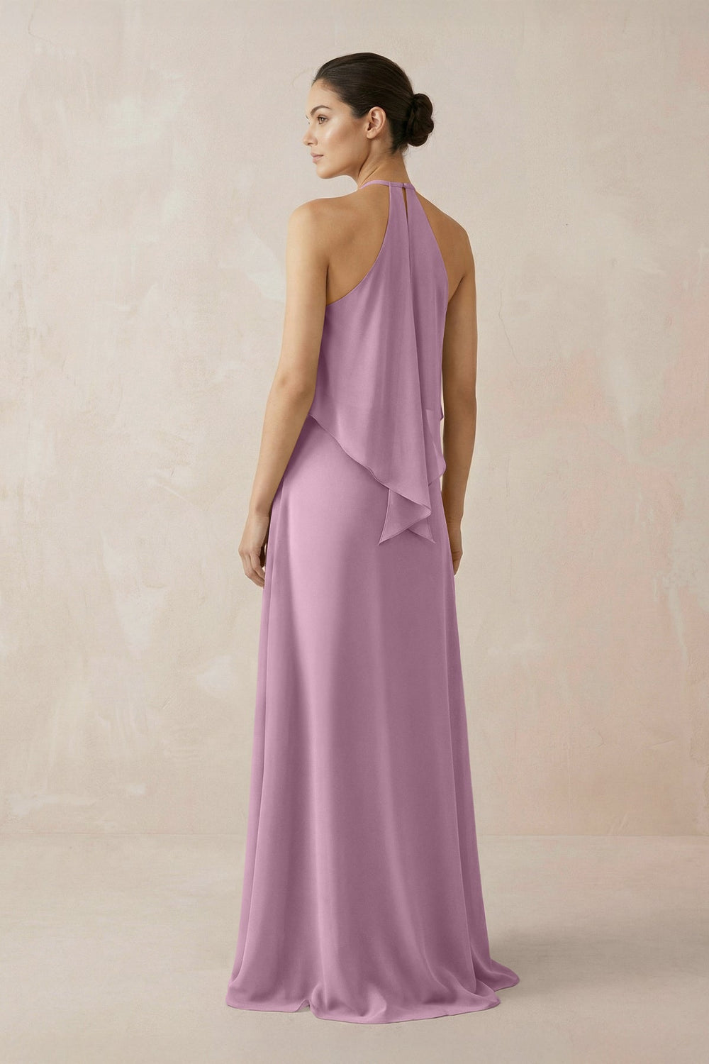 Halter Sheath Ruffled Chiffon Bridesmaid Dress in Wisteria - SHE IS ME Bridesmaid Dresses