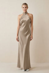 Halter Sheath Satin Bridesmaid Dress in Almond - KISS BRIDAL Bridesmaid Dresses