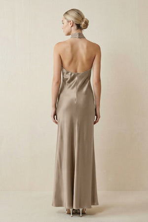 Halter Sheath Satin Bridesmaid Dress in Almond - KISS BRIDAL Bridesmaid Dresses