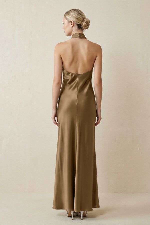 Halter Sheath Satin Bridesmaid Dress in Apple Cinnamon - KISS BRIDAL Bridesmaid Dresses