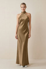 Halter Sheath Satin Bridesmaid Dress in Apple Cinnamon - KISS BRIDAL Bridesmaid Dresses