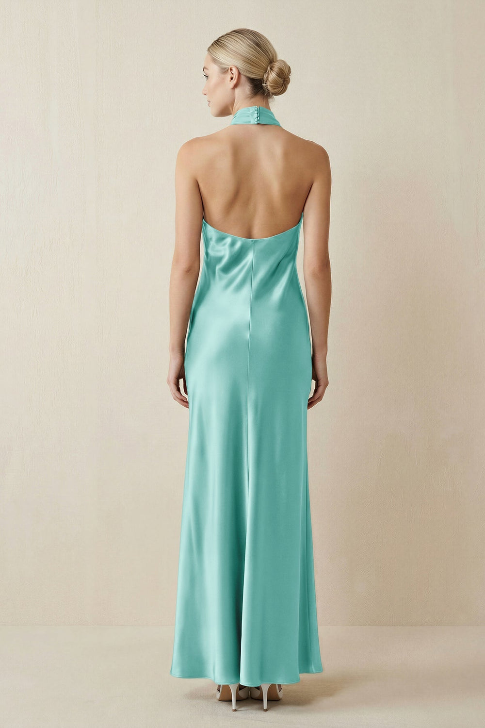 Halter Sheath Satin Bridesmaid Dress in Aqua - KISS BRIDAL Bridesmaid Dresses