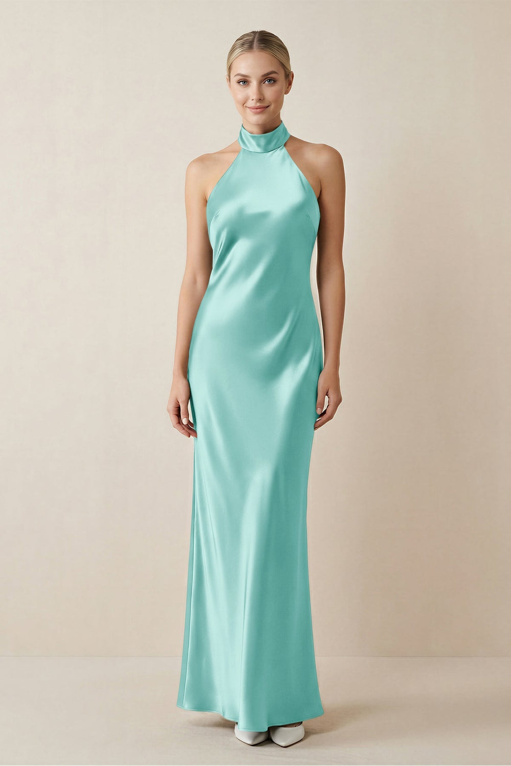 Halter Sheath Satin Bridesmaid Dress in Aqua - KISS BRIDAL Bridesmaid Dresses