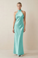 Halter Sheath Satin Bridesmaid Dress in Aqua - KISS BRIDAL Bridesmaid Dresses