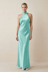 Halter Sheath Satin Bridesmaid Dress in Aqua - KISS BRIDAL Bridesmaid Dresses