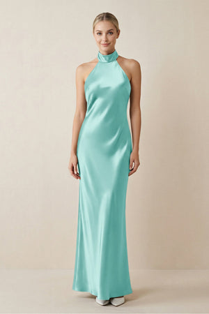 Halter Sheath Satin Bridesmaid Dress in Aqua - KISS BRIDAL Bridesmaid Dresses