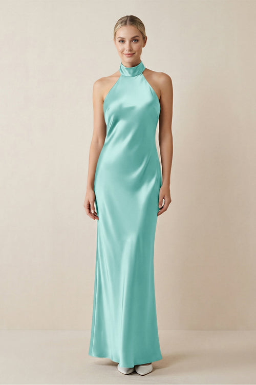Halter Sheath Satin Bridesmaid Dress in Aqua - KISS BRIDAL Bridesmaid Dresses