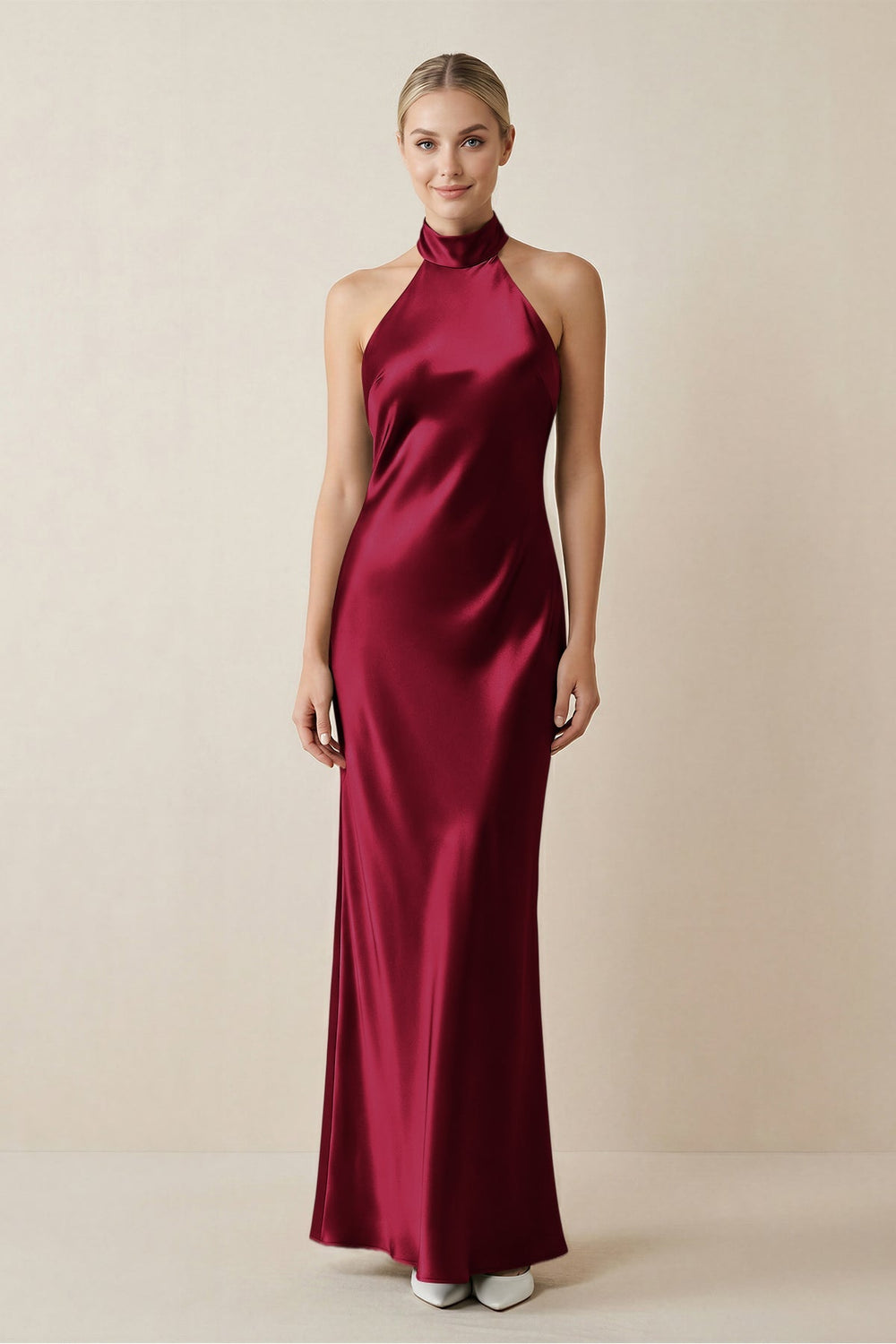 Halter Sheath Satin Bridesmaid Dress in Berry - KISS BRIDAL Bridesmaid Dresses