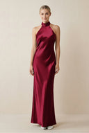 Halter Sheath Satin Bridesmaid Dress in Berry - KISS BRIDAL Bridesmaid Dresses