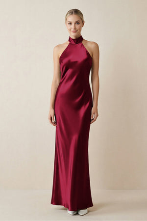 Halter Sheath Satin Bridesmaid Dress in Berry - KISS BRIDAL Bridesmaid Dresses
