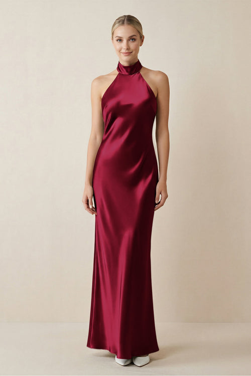 Halter Sheath Satin Bridesmaid Dress in Berry - KISS BRIDAL Bridesmaid Dresses