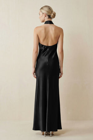 Halter Sheath Satin Bridesmaid Dress in Black - KISS BRIDAL Bridesmaid Dresses