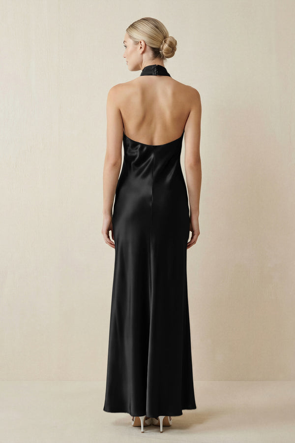 Halter Sheath Satin Bridesmaid Dress in Black - KISS BRIDAL Bridesmaid Dresses