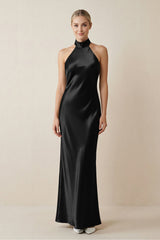 Halter Sheath Satin Bridesmaid Dress in Black - KISS BRIDAL Bridesmaid Dresses