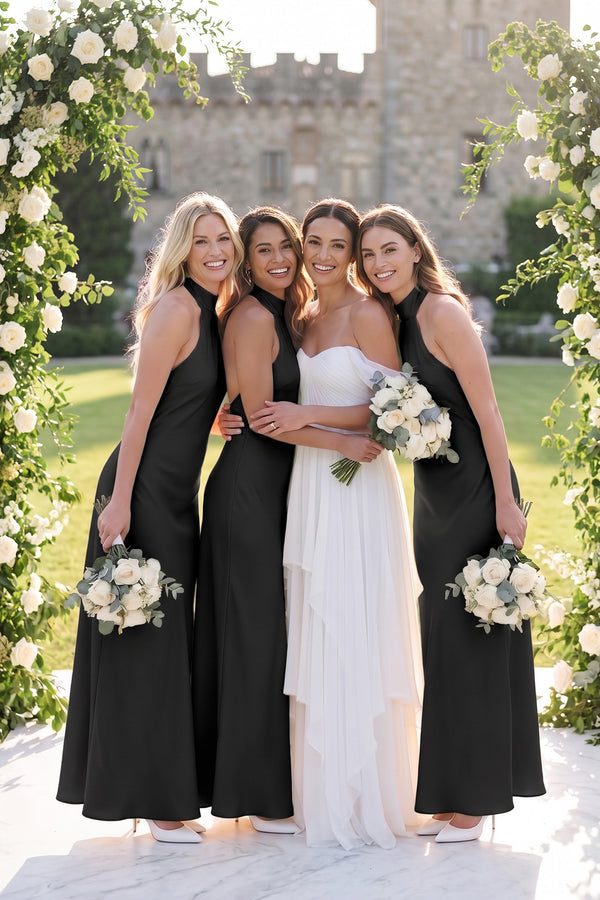 Halter Sheath Satin Bridesmaid Dress in Black - KISS BRIDAL Bridesmaid Dresses