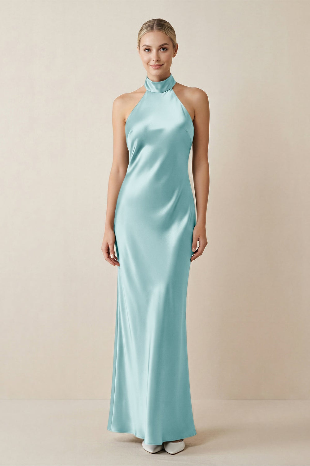 Halter Sheath Satin Bridesmaid Dress in Bleached Aqua - KISS BRIDAL Bridesmaid Dresses
