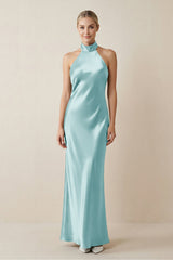Halter Sheath Satin Bridesmaid Dress in Bleached Aqua - KISS BRIDAL Bridesmaid Dresses