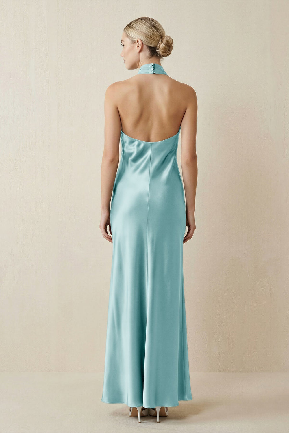 Halter Sheath Satin Bridesmaid Dress in Bleached Aqua - KISS BRIDAL Bridesmaid Dresses