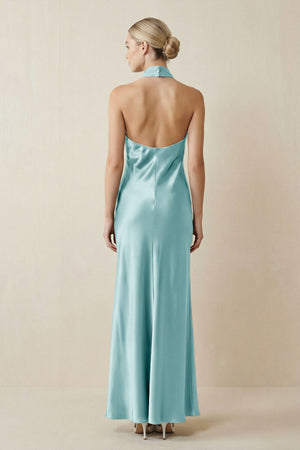 Halter Sheath Satin Bridesmaid Dress in Bleached Aqua - KISS BRIDAL Bridesmaid Dresses