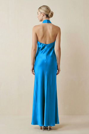 Halter Sheath Satin Bridesmaid Dress in Blue Jay - KISS BRIDAL Bridesmaid Dresses