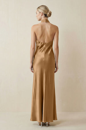 Halter Sheath Satin Bridesmaid Dress in Bronzer - KISS BRIDAL Bridesmaid Dresses