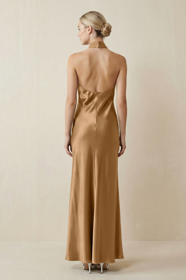 Halter Sheath Satin Bridesmaid Dress in Bronzer - KISS BRIDAL Bridesmaid Dresses
