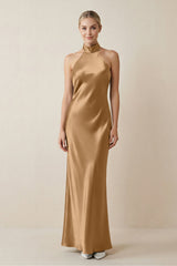 Halter Sheath Satin Bridesmaid Dress in Bronzer - KISS BRIDAL Bridesmaid Dresses
