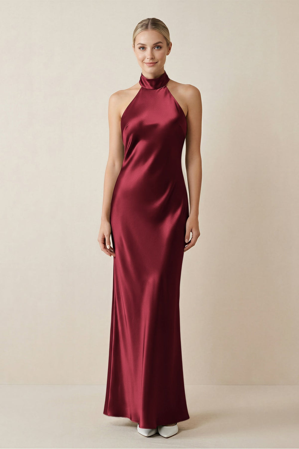 Halter Sheath Satin Bridesmaid Dress in Burgundy - KISS BRIDAL Bridesmaid Dresses