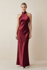 Halter Sheath Satin Bridesmaid Dress in Burgundy - KISS BRIDAL Bridesmaid Dresses