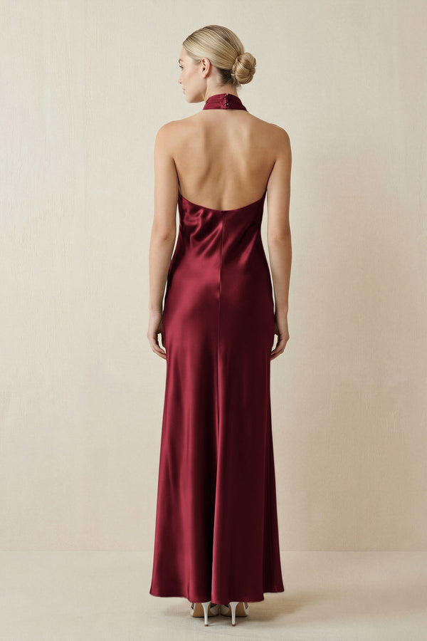 Halter Sheath Satin Bridesmaid Dress in Burgundy - KISS BRIDAL Bridesmaid Dresses