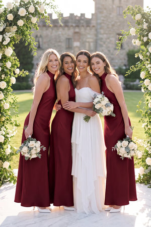 Halter Sheath Satin Bridesmaid Dress in Burgundy - KISS BRIDAL Bridesmaid Dresses