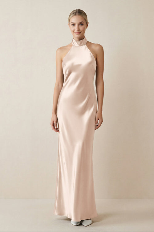 Halter Sheath Satin Bridesmaid Dress in Buttercream - KISS BRIDAL Bridesmaid Dresses