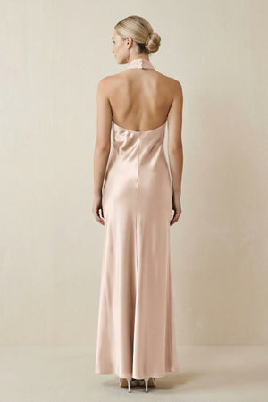 Halter Sheath Satin Bridesmaid Dress in Buttercream - KISS BRIDAL Bridesmaid Dresses